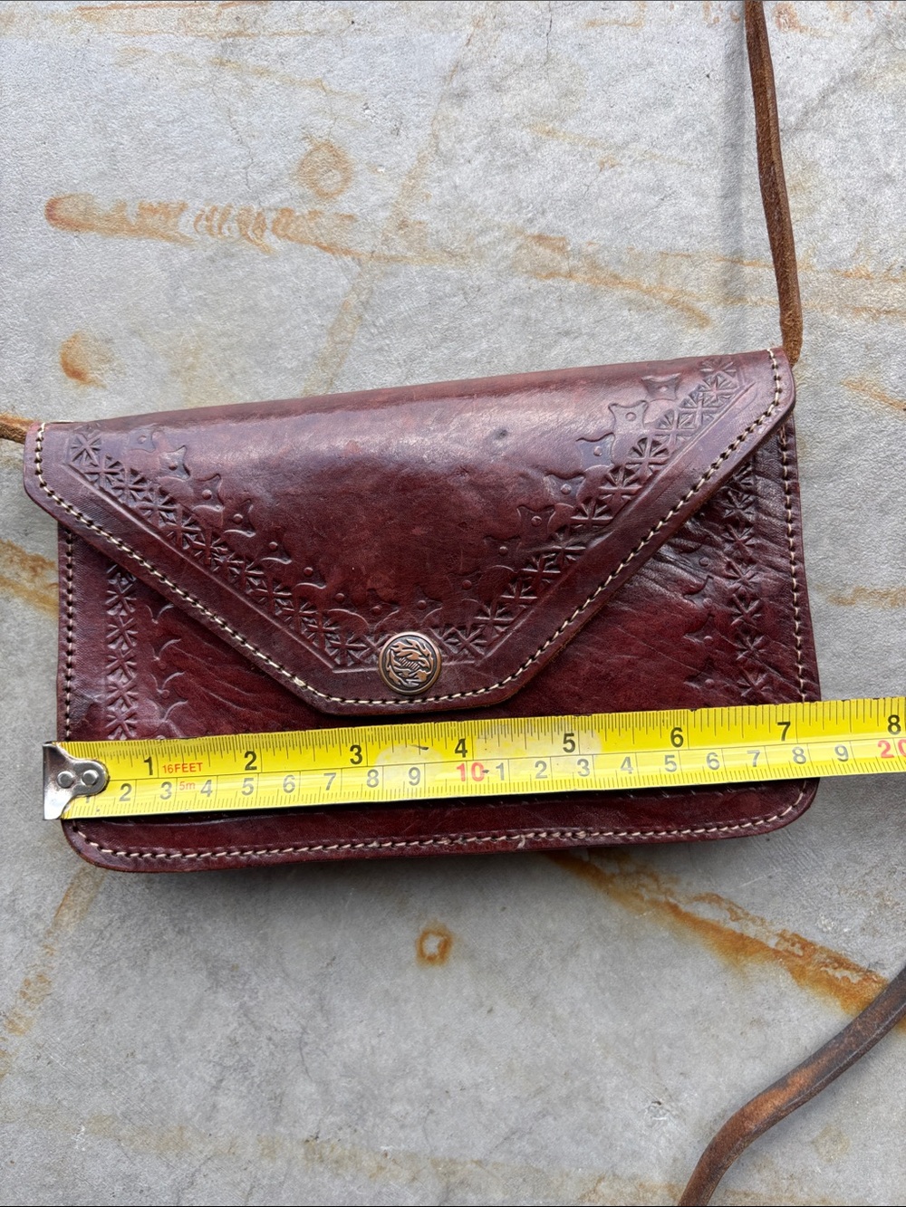 Vintage Tooled Leather Crossbody Envelope Purse Brown Boho Western Festival Bag - Picture 10 of 10